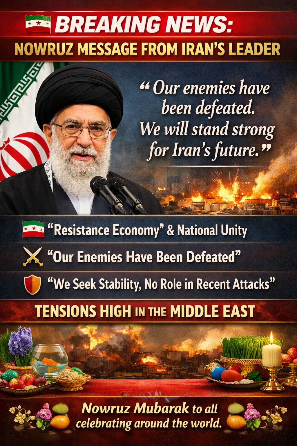 Breaking news graphic showing Iran’s leader delivering a Nowruz message about resistance economy, national unity, and Middle East tensions with festive Persian New Year elements.