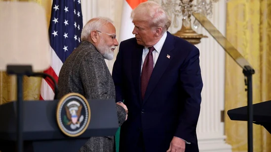 US President Donald Trump and PM Narendra Modi during a news conference in the East Room of the White House in Washington DC on Thursday, Feb. 13, 2025. (Bloomberg)